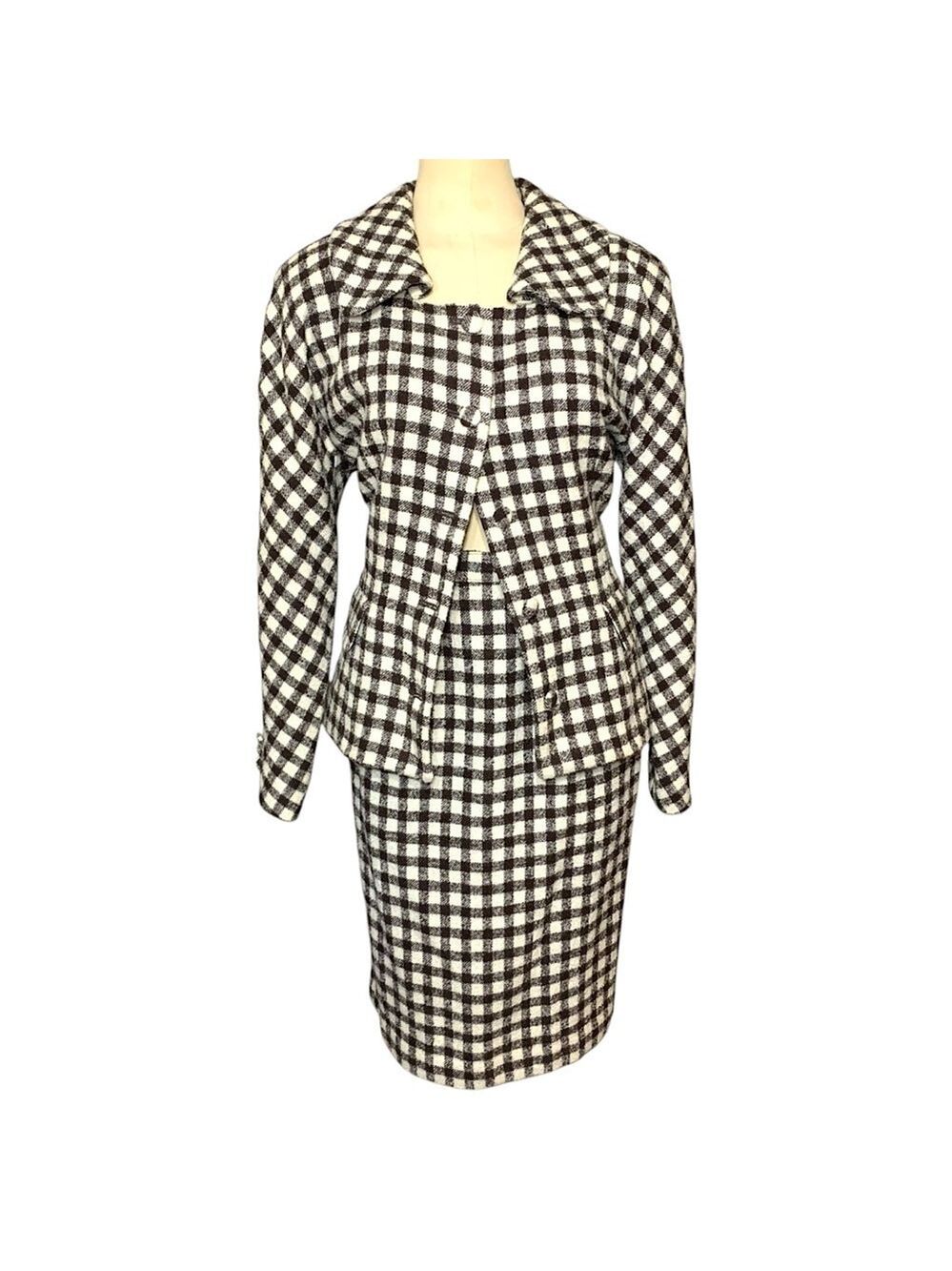 VTG Just Bigi Gingham Wool Blazer Skirt Outfit Set Sz XS/S Brown Cream Onassis